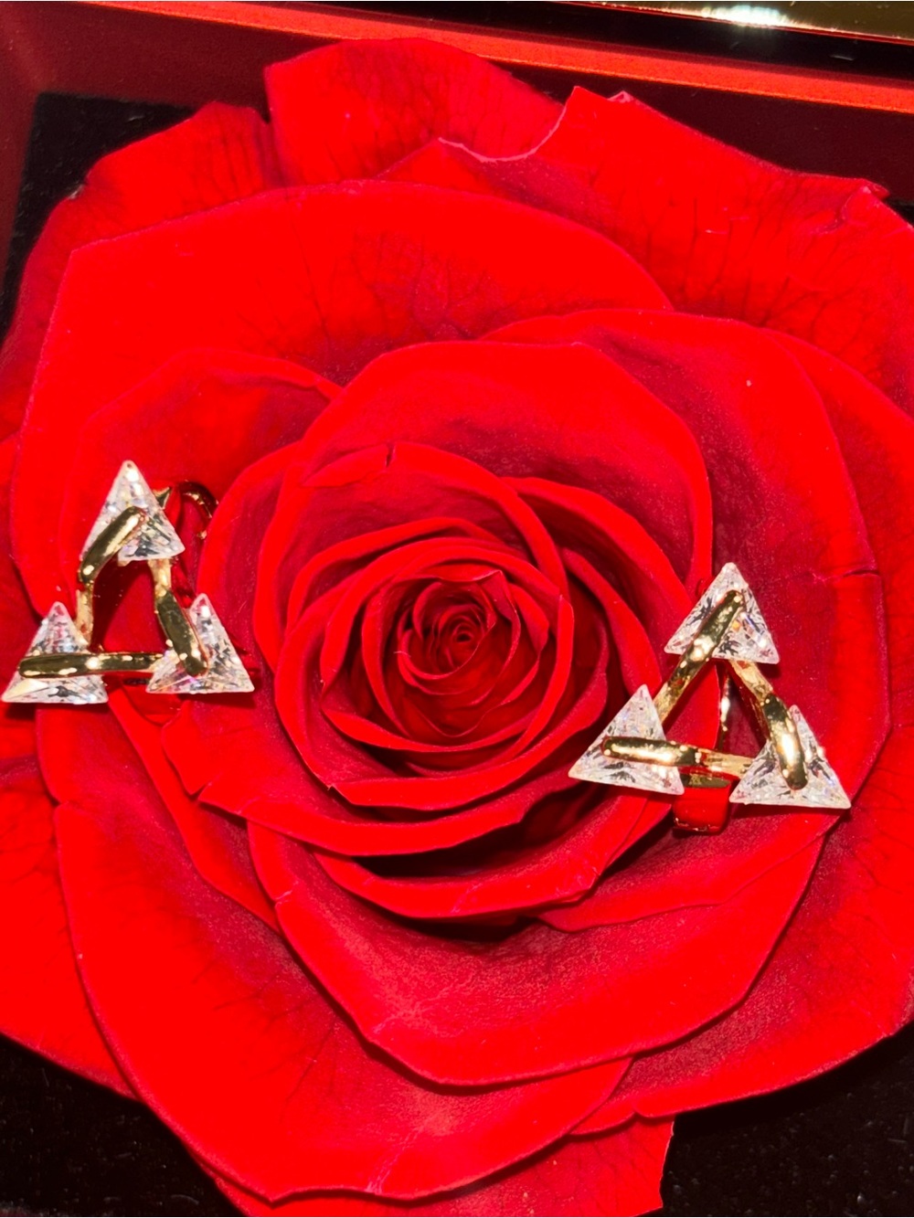 Gold Triangle Crystal Stud Earrings - Red